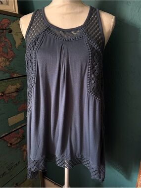 Sleeveless Navy Crochet-Trim Tank Top